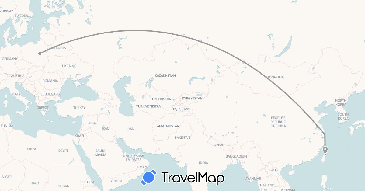 TravelMap itinerary: driving, plane in China, Poland, Russia, Taiwan (Asia, Europe)